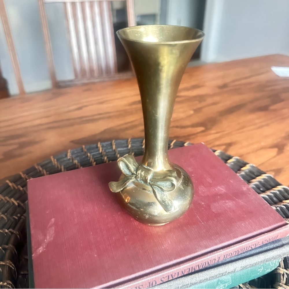 Brass Decorative Bud Vase with Bow Accent